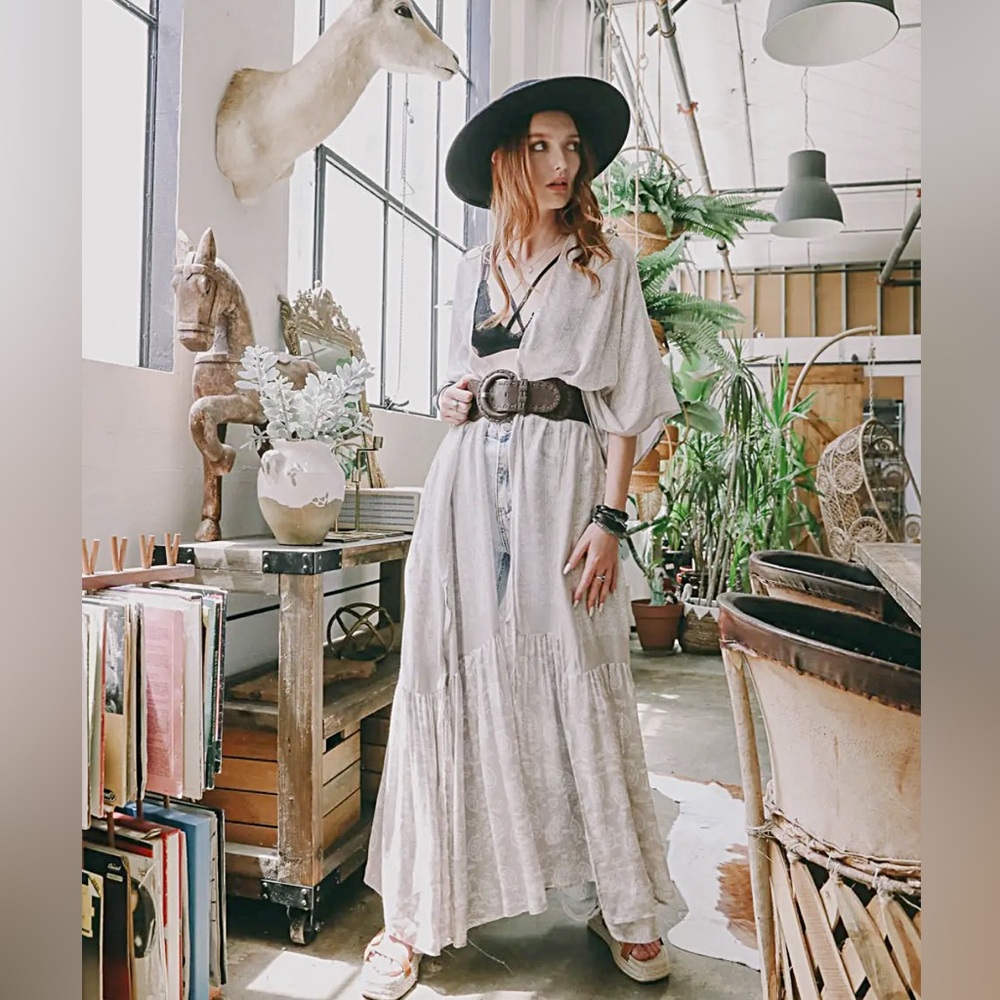 Boho Airy Paisley Drape Kimono in Gray Cover Up Viscose